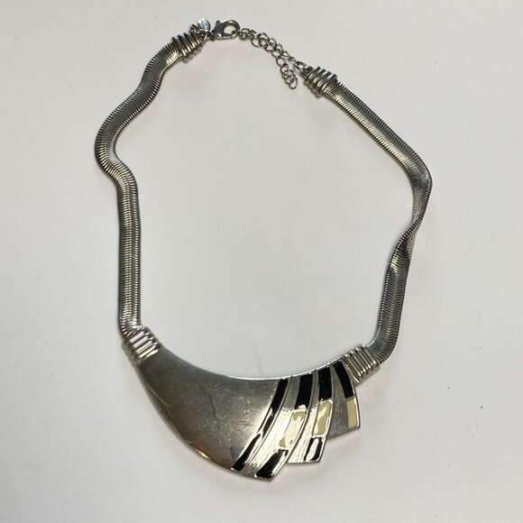 Chicos Bib Necklace Chunky Silvertone Enamel Deco Style Choker Modern Costume - Picture 1 of 10